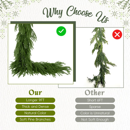 N&T NIETING Christmas Norfolk Pine Garland Real Touch Artificial Christmas Green Xmas Garland for Mantle, Table Holiday Fireplace Staircase Indoor Outdoor Christmas Decorations (9 FT)