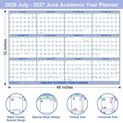 32" x 48" Academic Wall Calendar 2026-2027, July 2026 - June 2027 Folded Wet & Dry Erase, Large Wall Calendar 12 Month, Vertical/Horizontal Reversible, School Yearly Wall Planner with Julian Dates