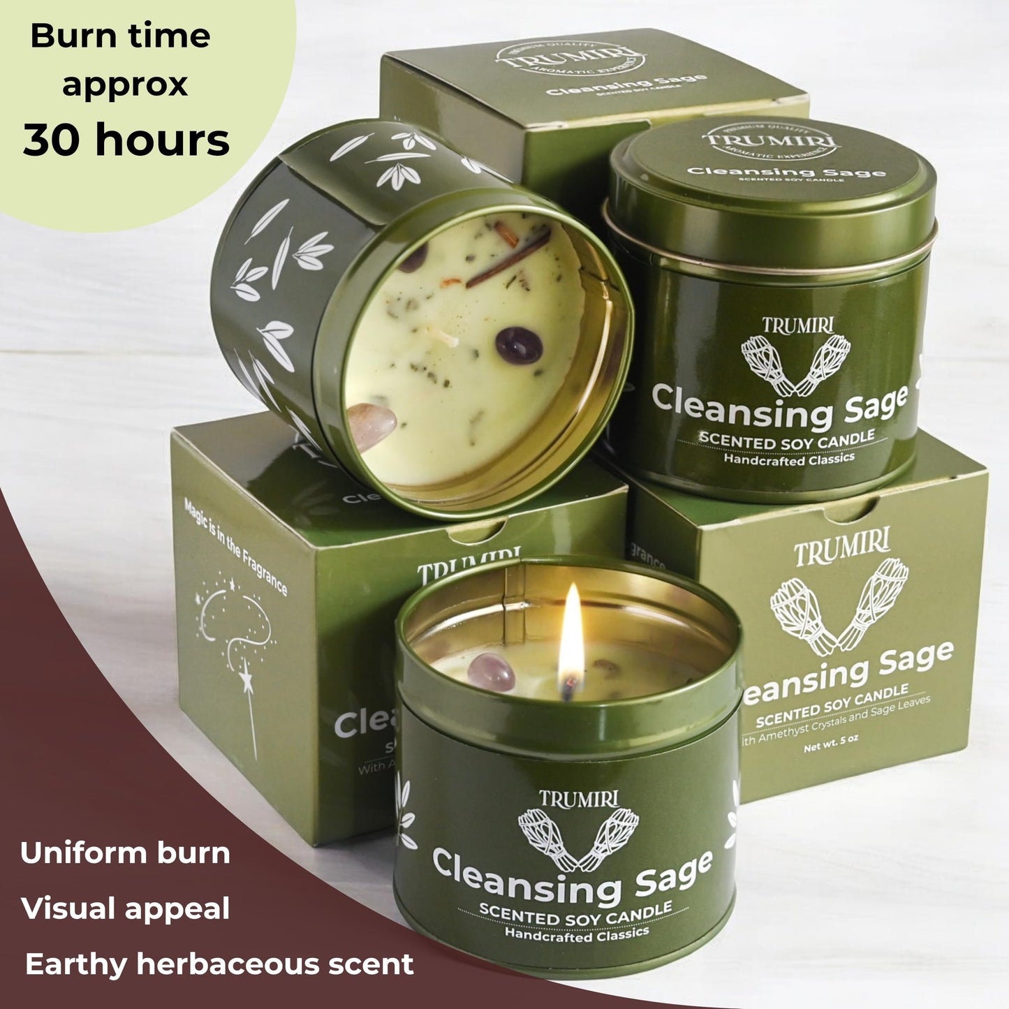 Sage Candle for Cleansing House Negative Energy - Pack of 3 x 5oz Soy Wax Natural Clean Organic Non Toxic - Aromatherapy Spiritual Meditation Gifts - Long Lasting Highly Scented Candel with Crystals