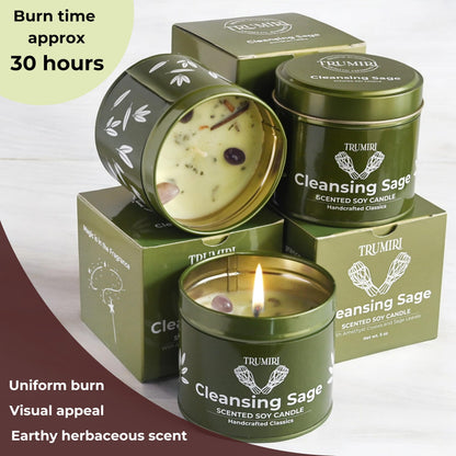 Sage Candle for Cleansing House Negative Energy - Pack of 3 x 5oz Soy Wax Natural Clean Organic Non Toxic - Aromatherapy Spiritual Meditation Gifts - Long Lasting Highly Scented Candel with Crystals