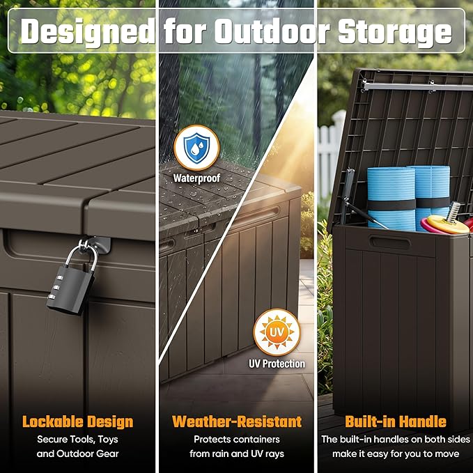 Greesum 110 Gallon Outdoor Storage Box with Lockable Lid, All-Weather Solution for Patio Furniture, Pool Supplies & Garden Tools, Waterproof, UV-Resistant Large Deck Box, Brown