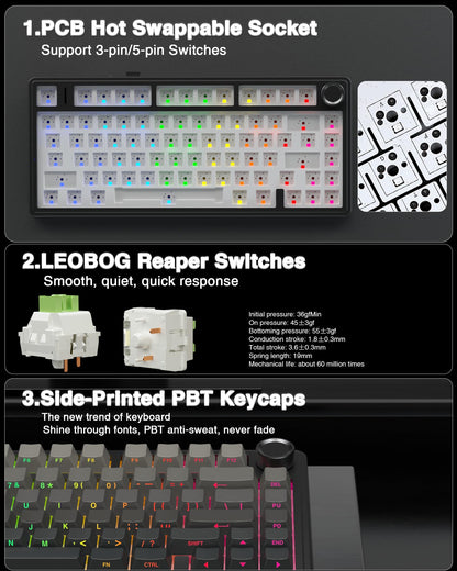 AULA F75 Pro Wireless Mechanical Keyboard,75% Hot Swappable Custom Keyboard with Knob,RGB Backlit,Pre-lubed Reaper Switches,Side Printed PBT Keycaps,2.4GHz/USB-C/BT5.0 Mechanical Gaming Keyboards