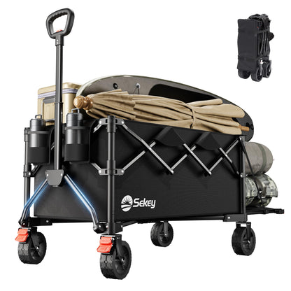 Sekey Festival Trolley with Expandable Tailgate - 350-500L, 440LB Heavy Duty Folding Camping Wagon, Brake, All-Terrain Wheels, Patented 4-Way Folding & One-Click Adjustable Handle, Beach Cart - Black