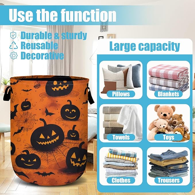 Spooky Pumpkin Laundry Basket, Halloween Laundry Hamper Collapsible Oxford Cloth