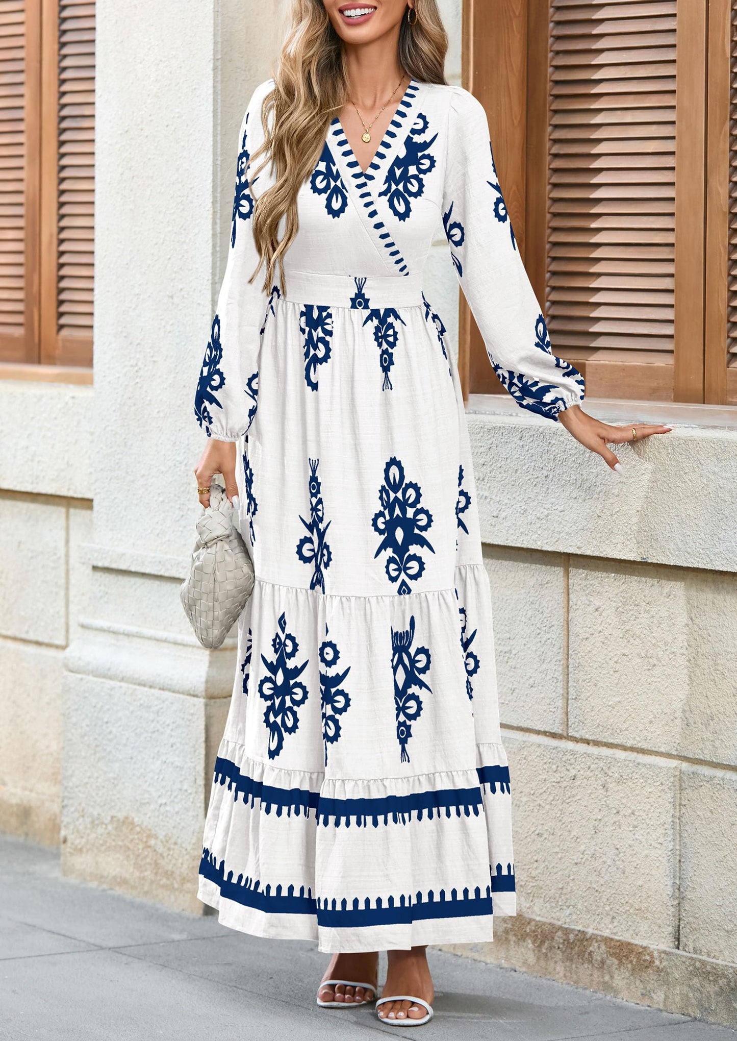 PRETTYGARDEN Women's 2025 Fall Wedding Guest Dresses Boho Floral Long Sleeve V Neck Flowy Elegant Maxi Dress Beach Clothes