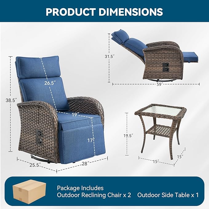 3 Pieces Zero Gravity Patio Swivel Rocking Recliner Chairs Set of 2 - Wicker Outdoor Lounge Chair with Side Table, Adjustable Backrest & Footrest, High Back Outdoor Recliner Chair for Pool Deck Blue