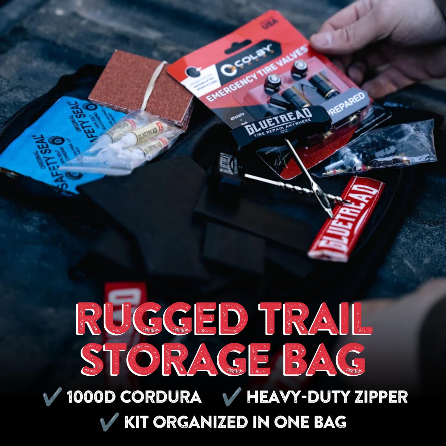 GlueTread Expedition All-Inclusive Off-Road Tire Repair Kit | Repair Any Kind of Tire Damage or Puncture | Includes Sidewall Tire Repair Patches, Plugs, and Colby Emergency Valve Stems