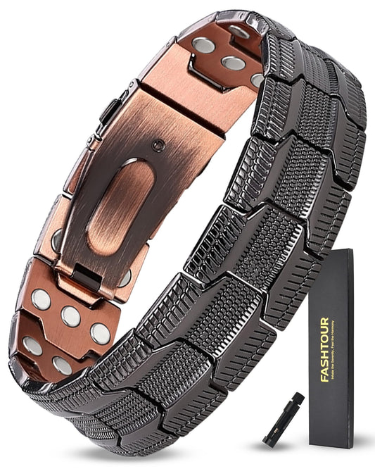 Fashtour Men’s Copper Bracelet, 3X Strength 99.99% Pure Copper Magnetic Bracelet with Magnets, Butterfly Clasp Design, Adjustable Length with Sizing Tool(Black)