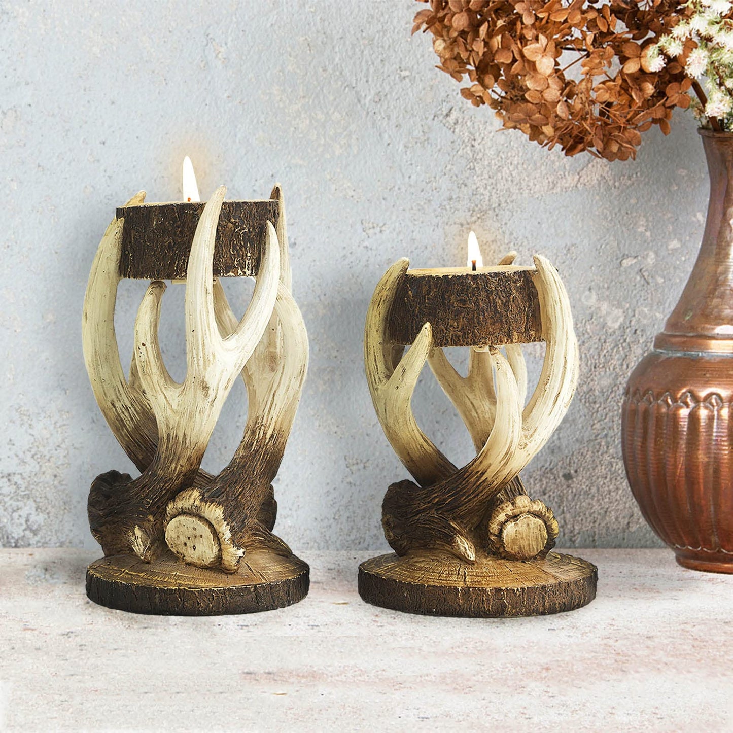 Duomiacasa 2Pcs Antler Deer Candle Holders, Rustic Elk Tealight Holder,Cabin Log Decoration