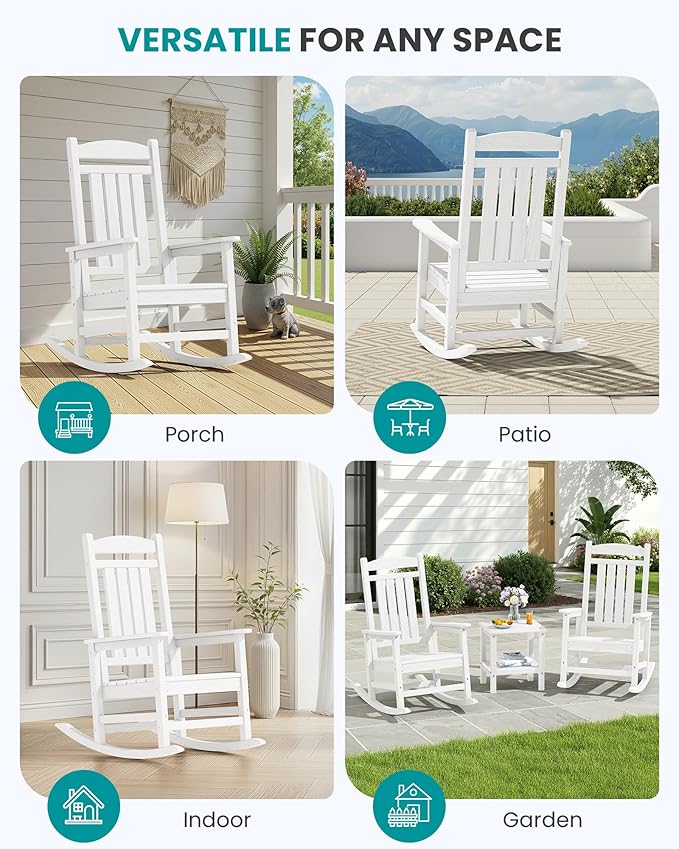SERWALL Outdoor Rocking Chairs Set of 2, Oversized HDPE Porch Rockers for Adults, All-Weather Composite Patio Rocking Chairs, White
