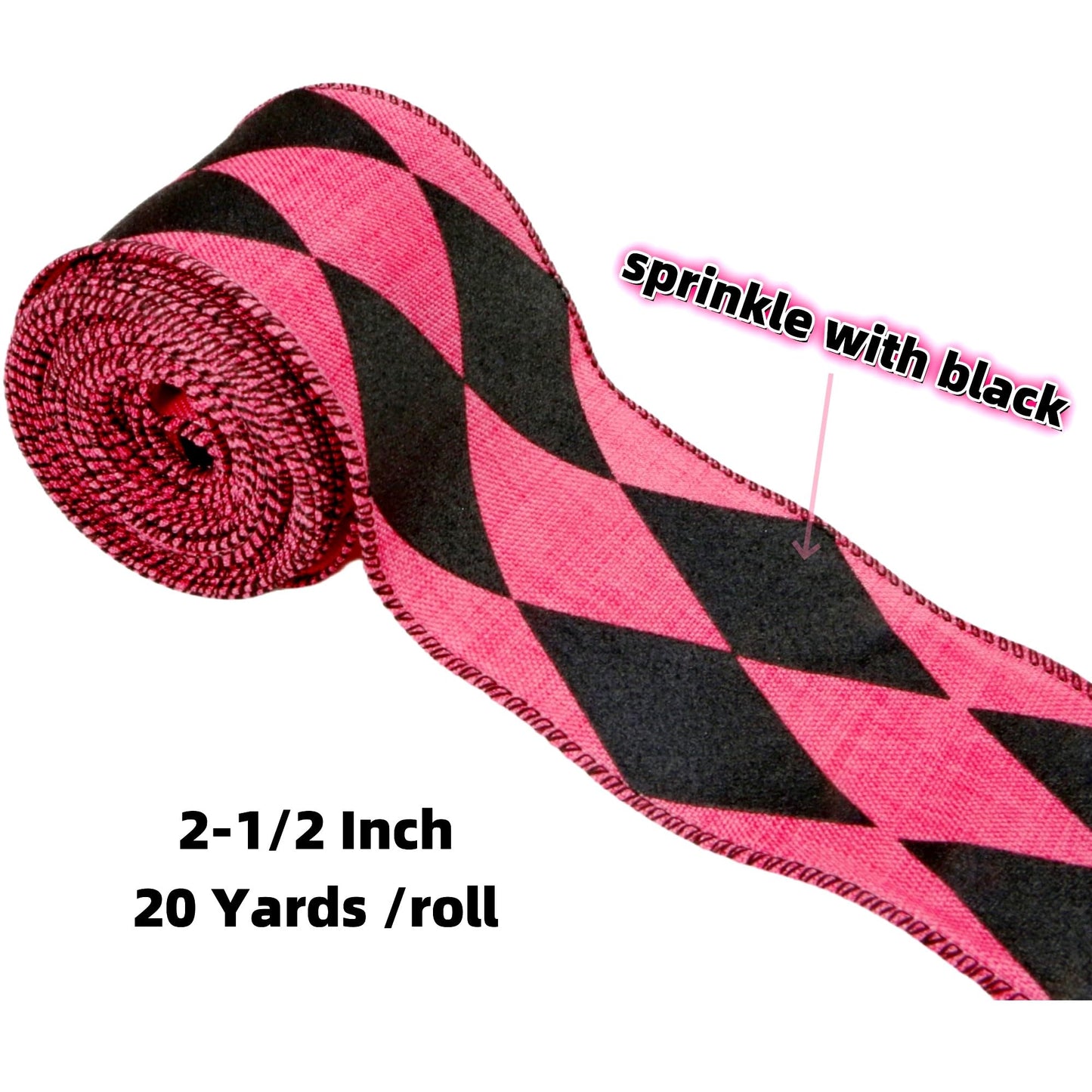 Meseey Pink & Black Glitter Harlequin Diamond Wired Ribbon 2.5 Inch 20Yards, Multi-Season Decor Ribbon for Halloween Fall Xmas Gift Craft