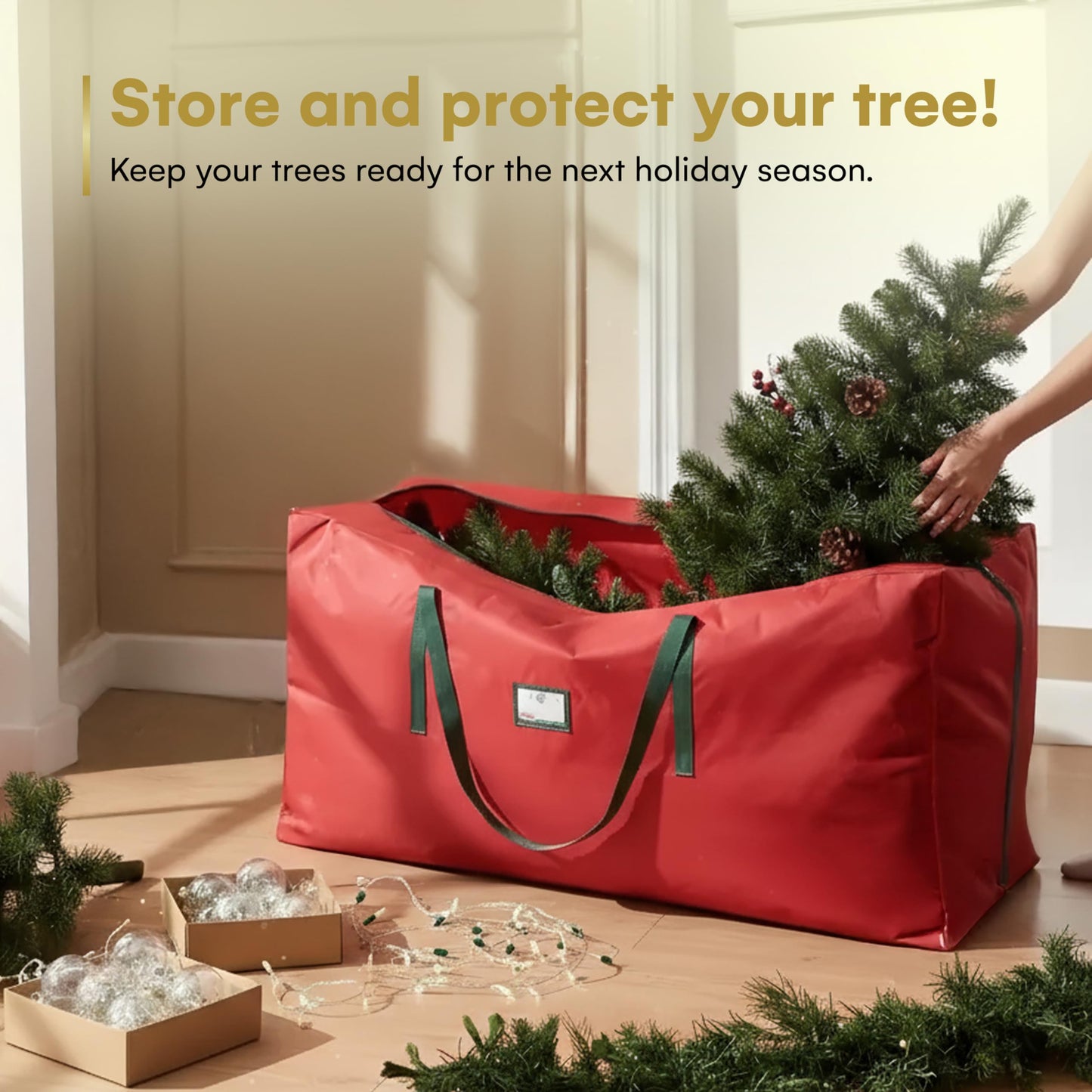 HOLIDAY SPIRIT Heavy Duty Christmas Tree Storage Bag - Waterproof 600D Oxford Canvas with Reinforced Handles and Dual Zipper for 9 Ft Tree, Red Christmas Tree Bag for Dust and Moisture Protection