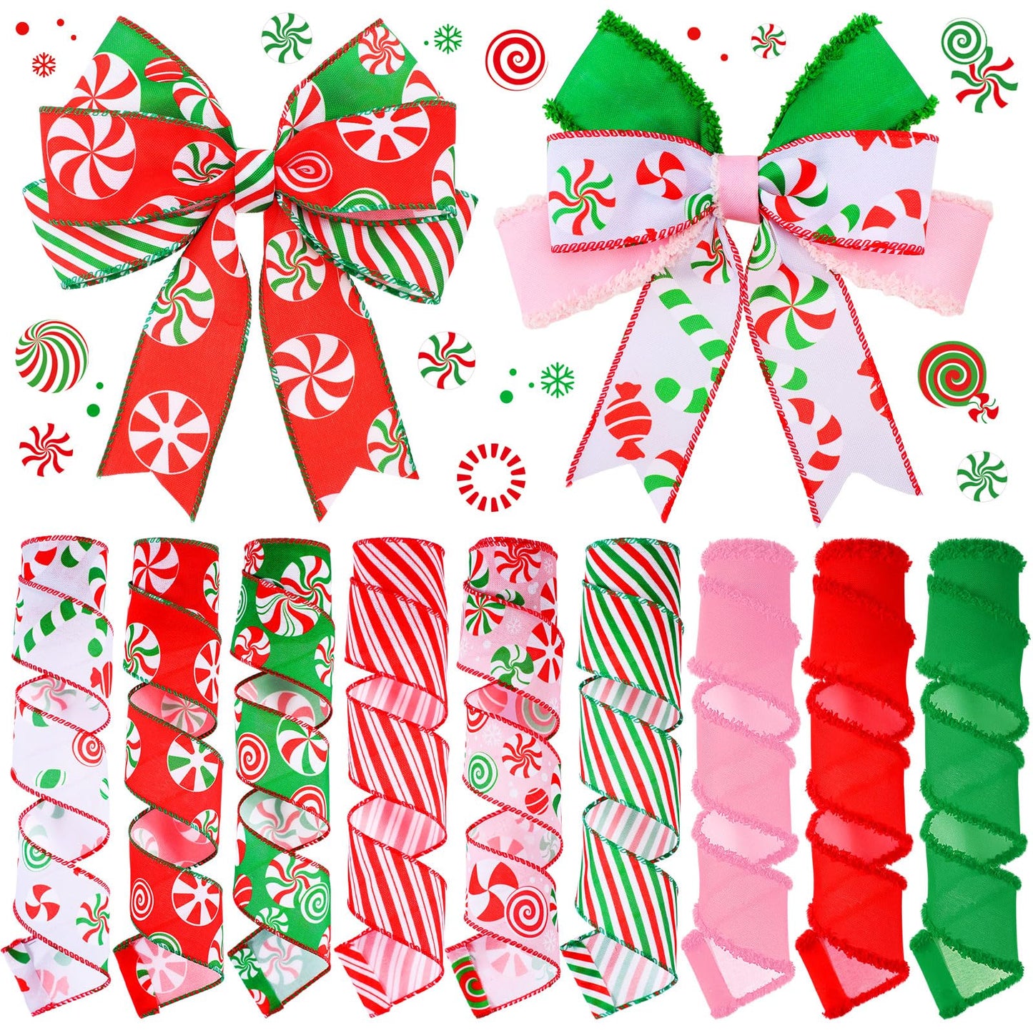 Yuxung 9 Rolls 45 Yards Christmas Candy Peppermint Ribbon Wired Edge Ribbons for Wreaths Red Green Candy Cane Print Craft Ribbon Burlap Grosgrain Ribbon for Christmas Party Decorations DIY Supplies