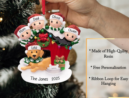 UniqXmas Personalized Family of 4 with Dog Christmas Ornament 2025 | Parents Kids & Puppy with Doghouse Customized Xmas Tree Decoration | Family of Four with New Dog Keepsake - Custom Name & Year