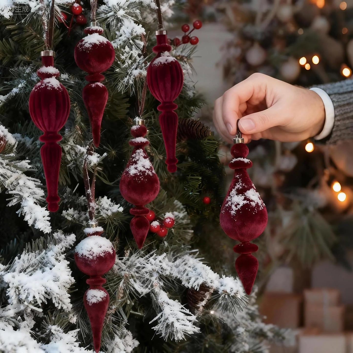 6 Pcs Wine Red Velvet Finial Christmas Tree Ornaments - Christmas Burgundy Velvet Pendants Shatterproof Flocked Hanging Ornaments Decorations for Xmas Tree Winter Holiday Wedding Party Decor