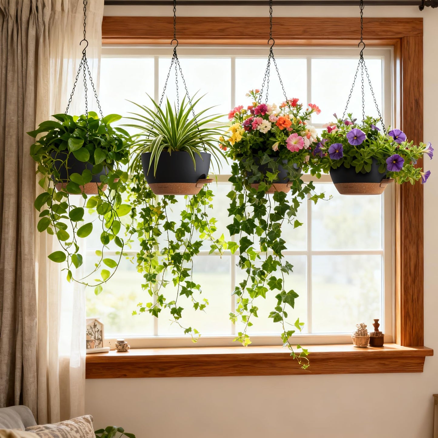 UOUZ 4 Pack 8 Inch Self Watering Hanging Planters for Indoor Outdoor Plants，Hanging Pots for Plants with Drainage Removable Tray, Hanging Baskets Flower Pots for Pothos Spider Garden Black with Brown