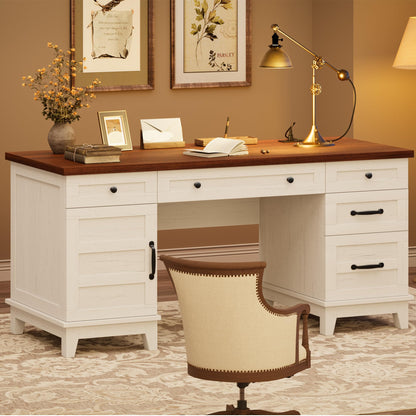 GAOMON 60in Wooden Executive Desk with 5 Drawers, Office Desk Computer Table with Charging Station, Farmhouse Home Office Desk with File Cabinet Storage, for Study and Home Office, White Walunt