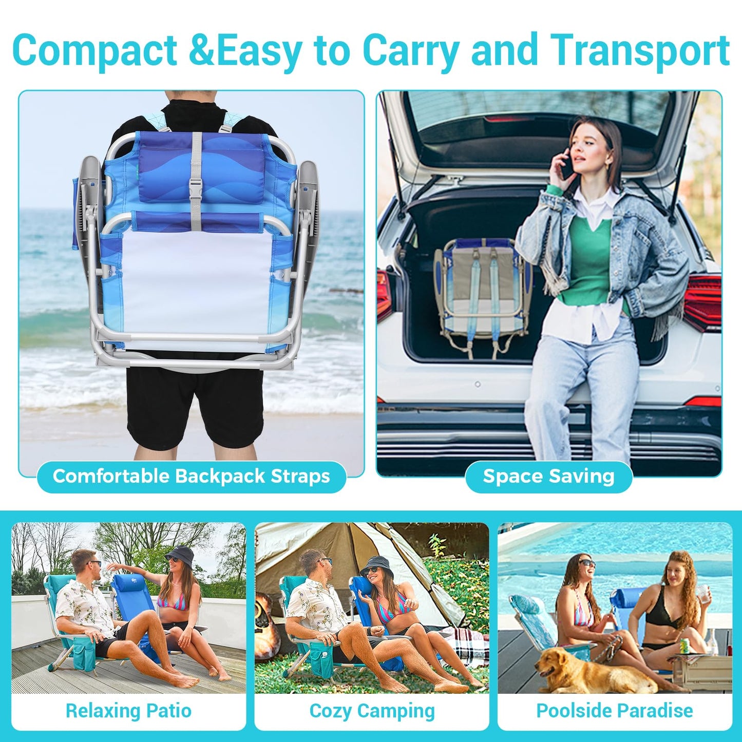 #WEJOY Lightweight Low 2 Pack Beach Chair for Adults, 4-Position Aluminum Folding Camping Chairs with Shoulder Strap, Cup Holder and Padded Headrest, Supports 265lbs for Lawn Outdoor Blue Pattern