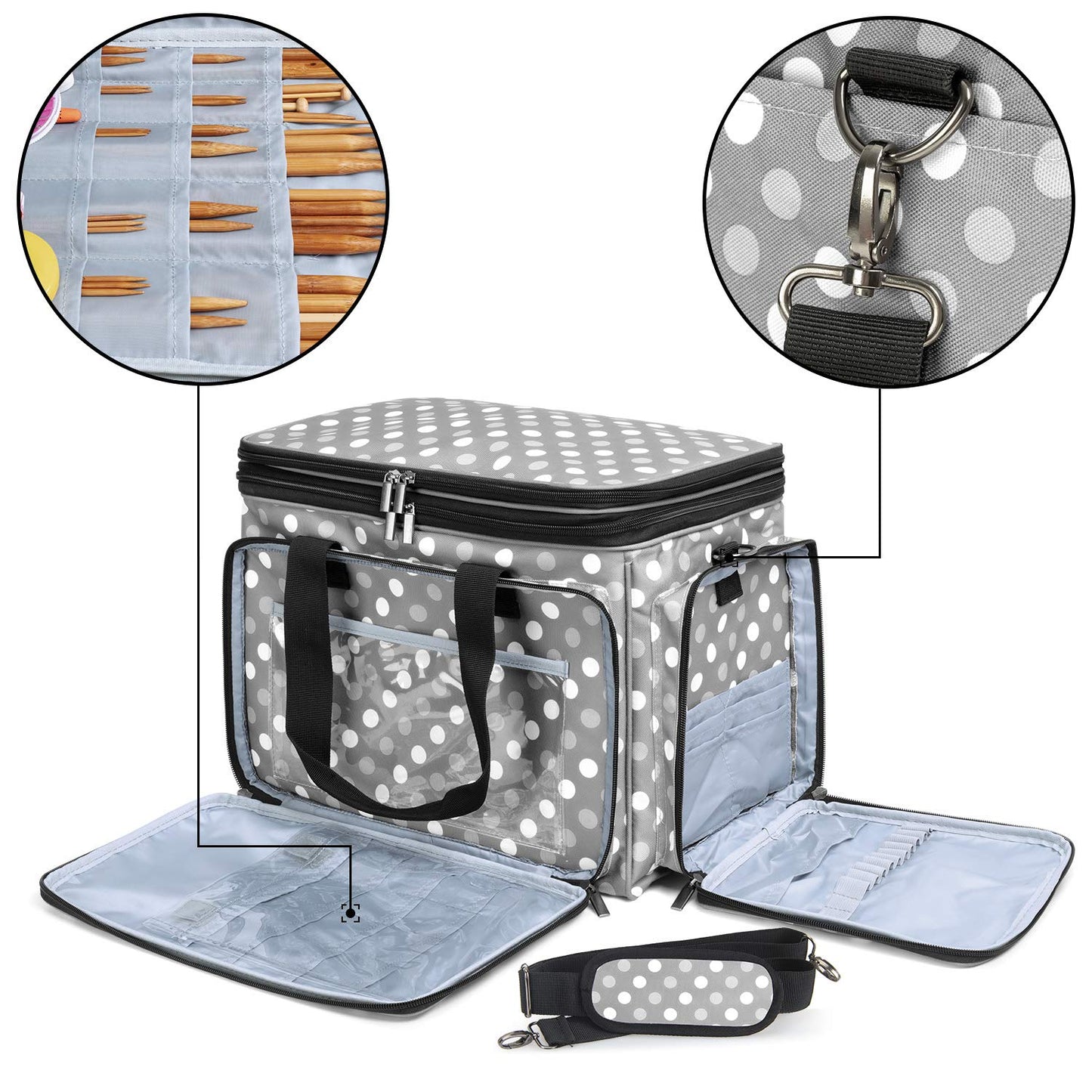 Luxja Knitting Bag - Yarn Storage Organiser for Carrying Projects, Grey Dots