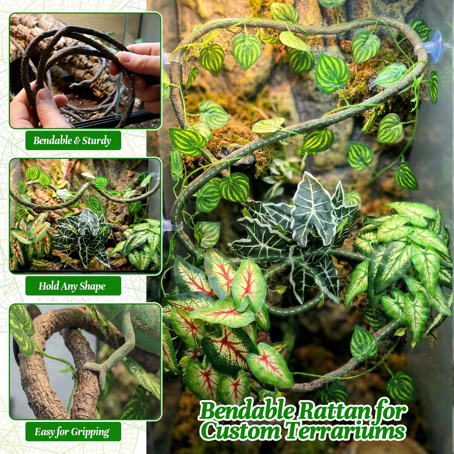 5 Pcs Reptile Plants & Habitat Decor Kit - 3 Artificial Plants & Large 3.3ft Jungle Vine Branch, TTerrarium Hanging Plants Vines for Crested Gecko, Leopard,Bearded Dragon, Lizard,Chameleon,Ball Python
