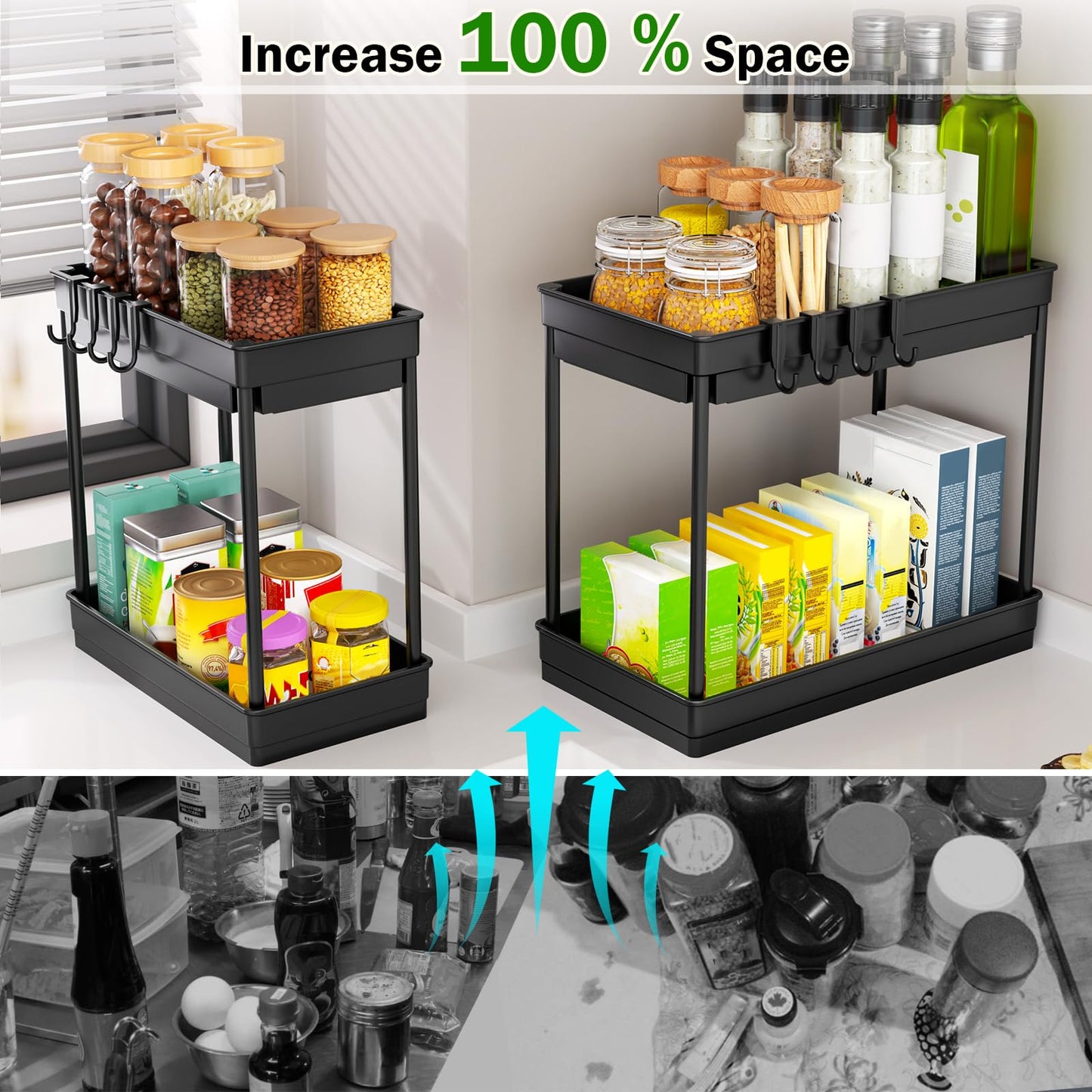 PurKeep 2 Pack Under Sink Storage - 2 Tier Kitchen Storage and Organisation Cupboard Organiser, Under Sink Shelf, Under Cabinet Organizer with Hooks, for Bathroom Kitchen Countertop, 2 Size 1L+1M