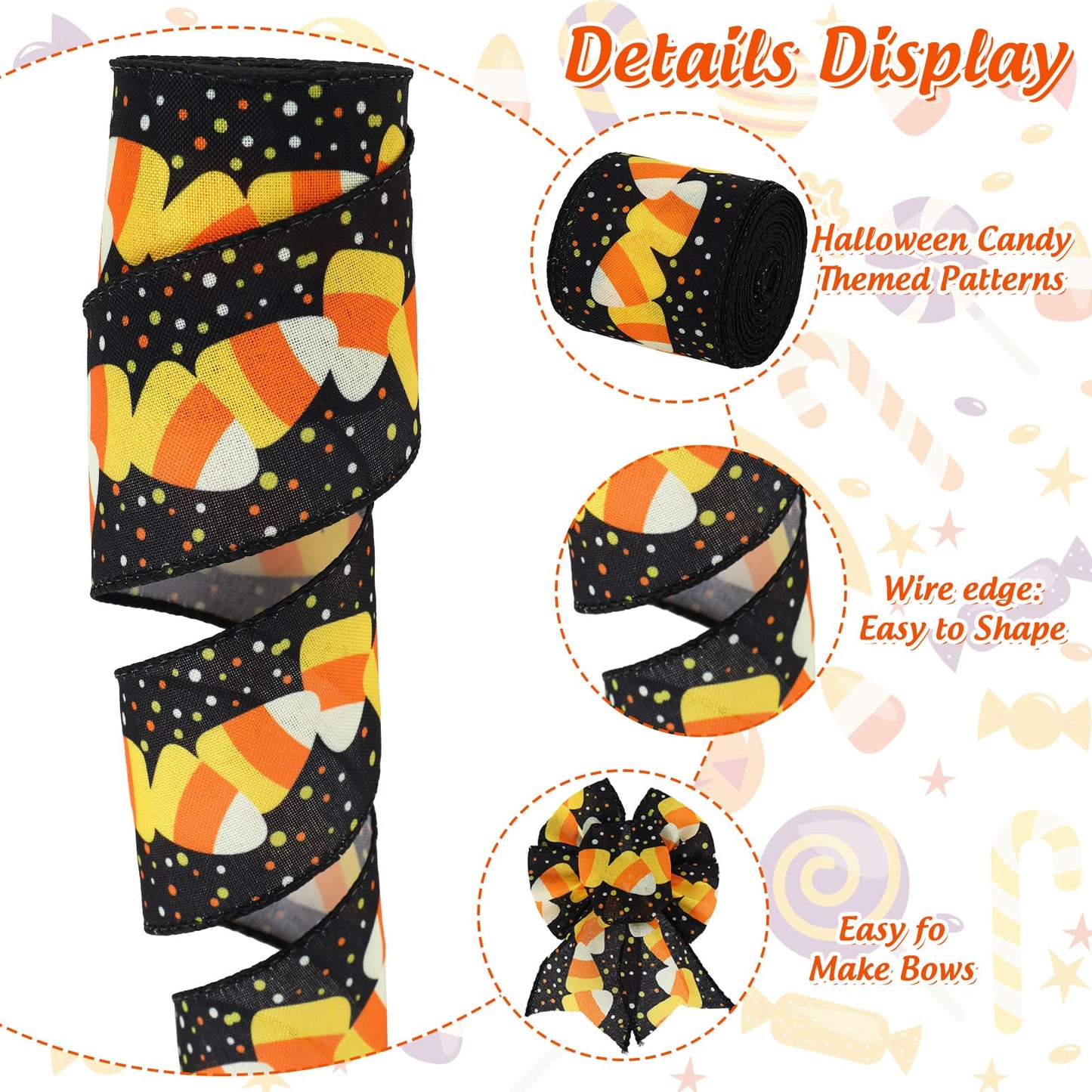 AnyDesign Halloween Wired Edge Ribbon 20 Yards Candy Corn Decorative Ribbon Orange Black Halloween Craft Fabric Ribbon for Holiday Wreath Bow Making DIY Gift Wrapping Supplies, 2 Roll