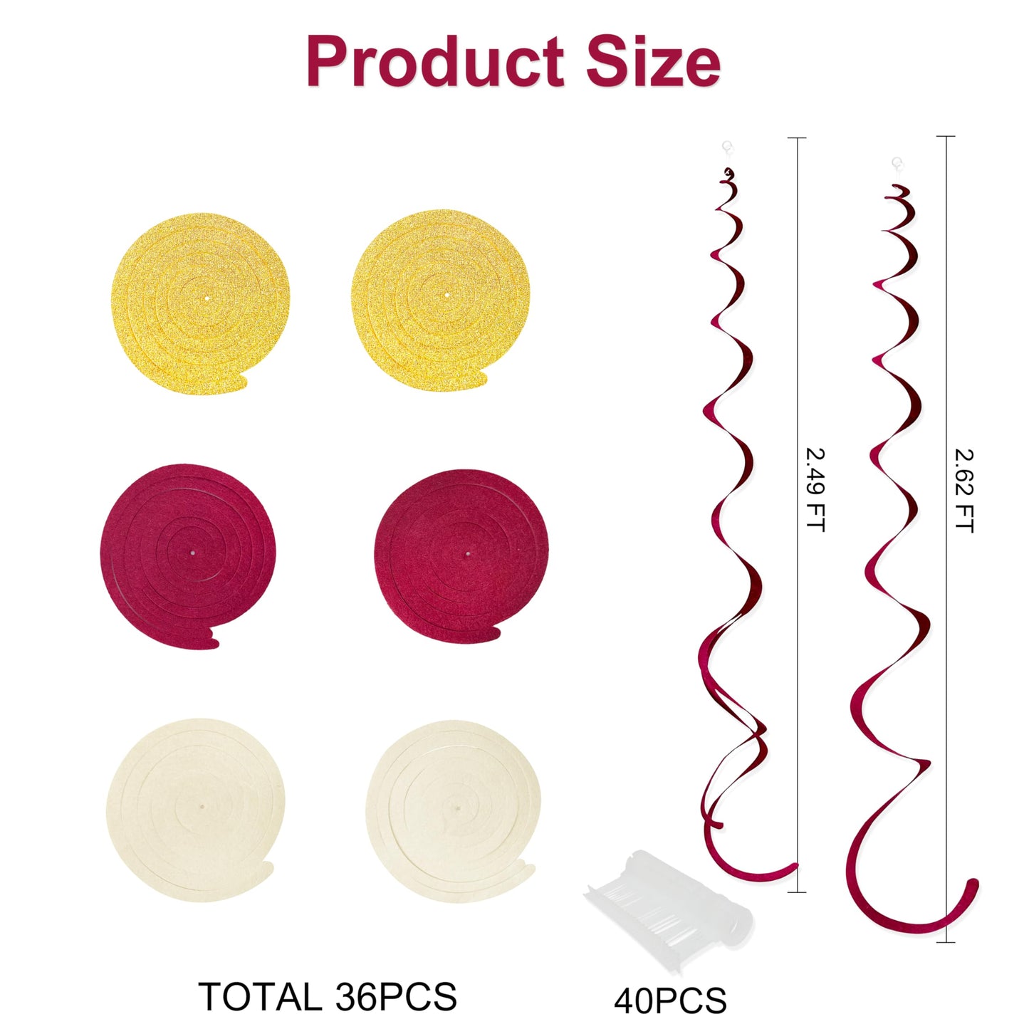 36 Pcs Maroon Gold Hanging Swirl Decorations Glitter Gold Burgundy Beige Felt Swirl Streamer Spiral Ceiling Garland for Birthday Graduation Wedding Baby Shower Retirement Anniversary Garnet Party