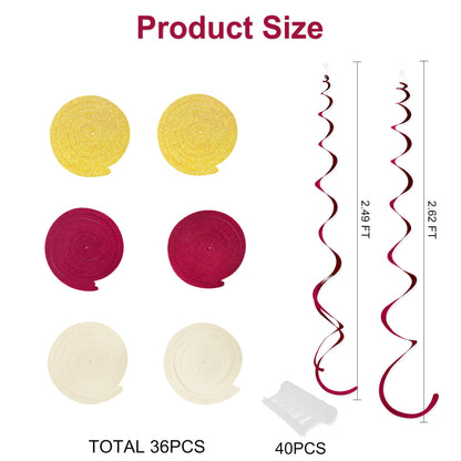 36 Pcs Maroon Gold Hanging Swirl Decorations Glitter Gold Burgundy Beige Felt Swirl Streamer Spiral Ceiling Garland for Birthday Graduation Wedding Baby Shower Retirement Anniversary Garnet Party