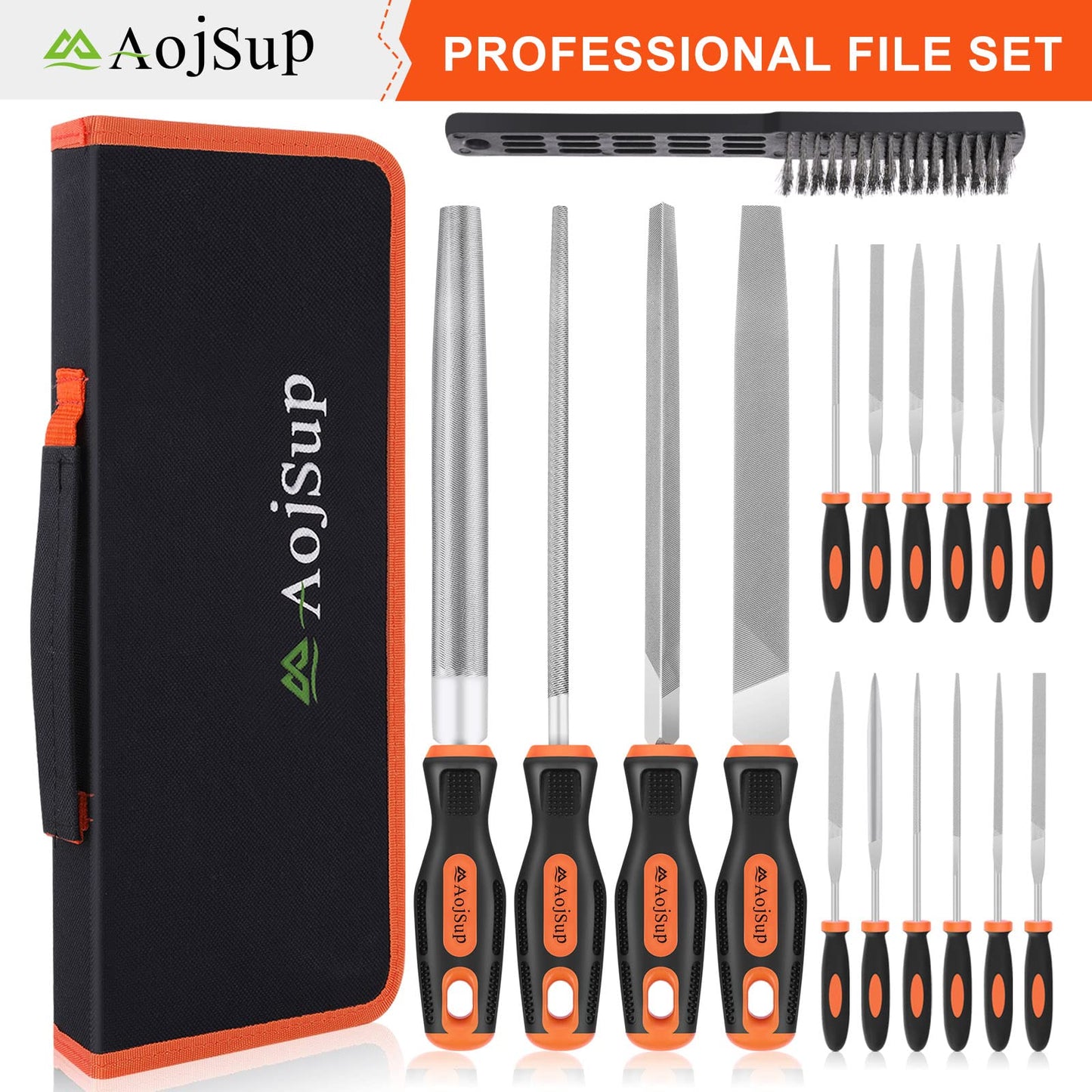 AojSup 17Pcs Metal File Set, Professional Files Tools, Premium Metal Files with Suitcase, 4X Large Files - Flat/Triangle/Half-Round/Round File&12x Needle Files, Perfect for Wood, Metal&DIY Project