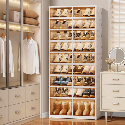 EHAMILY Foldable Shoe Rack Organizer 9-Tier, 27 Pairs Collapsible Shoe Storage Cabinet with Doors, Clear Plastic Stackable Shoe Organizer for Closet, with Boots Space, Easy Tool-Free Assembly, White
