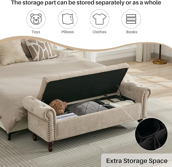SOFTHION 58.1" Storage Bench Upholstered Chenille End of Bedroom Bed Bench