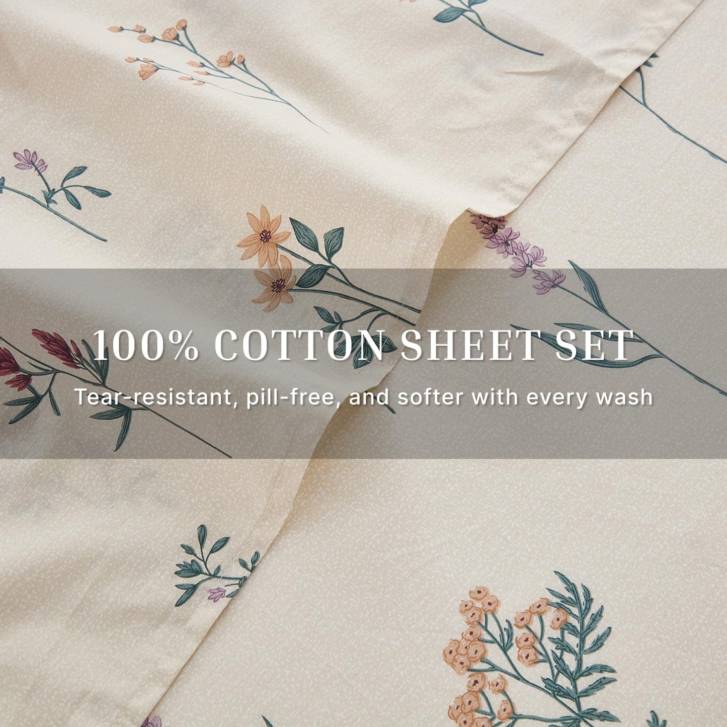 Cozaline Cream Floral Sheets Set King Size 100% Cotton, 4 Pieces, Soft & Breathable Percale Weave Bedding, Deep Pocket 17.5", Crisp Cool Feeling, Durable, Perfect Cute Floral Bed Sheet