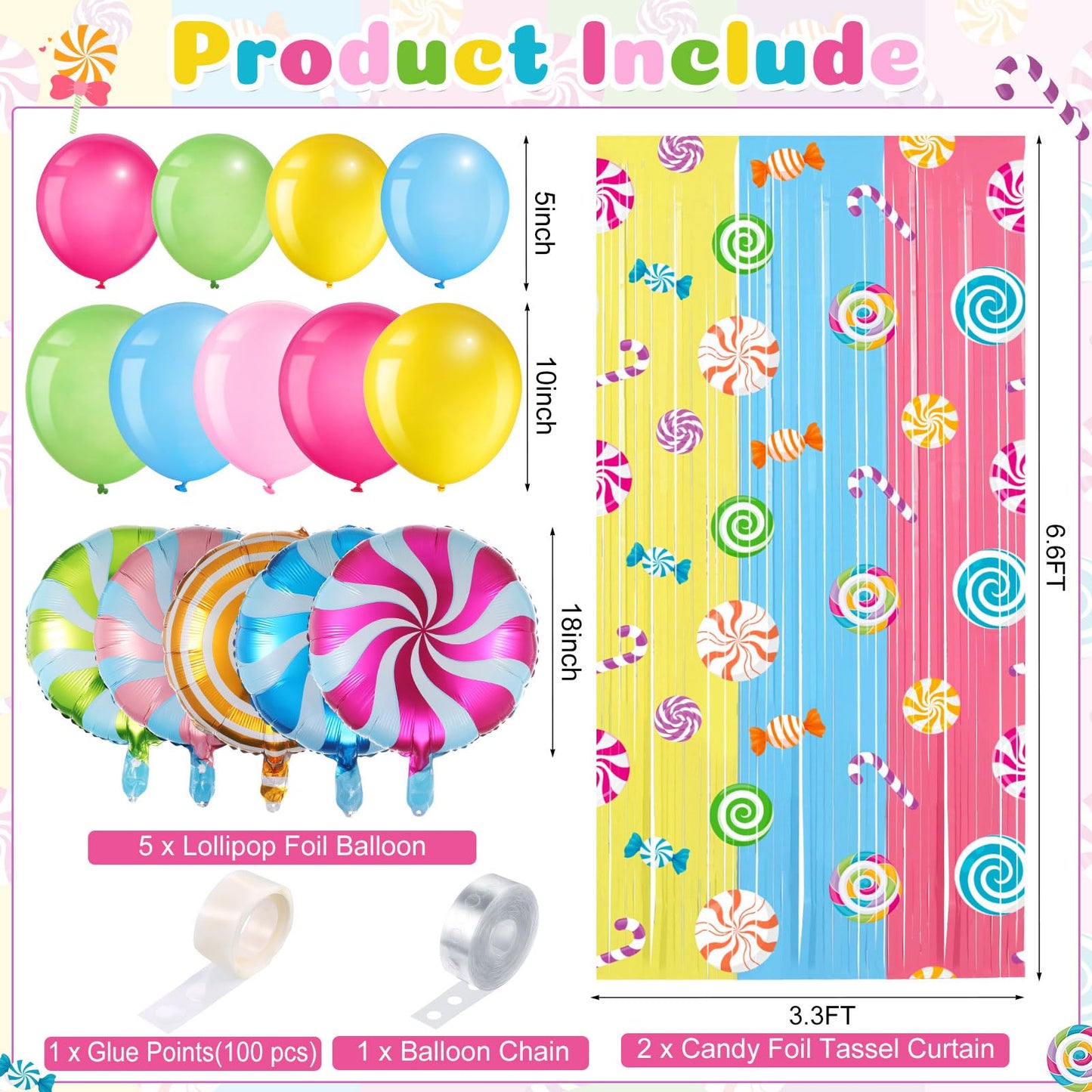 Blosssound Candy Party Decoration with 2 Packs 3.3 x 6.6 ft Candy Foil Fringe Curtain and 97 Pcs Sweet Balloons Garland Arch Kit with Lollipop Foil Balloon for Birthday Party Decorations Supplies