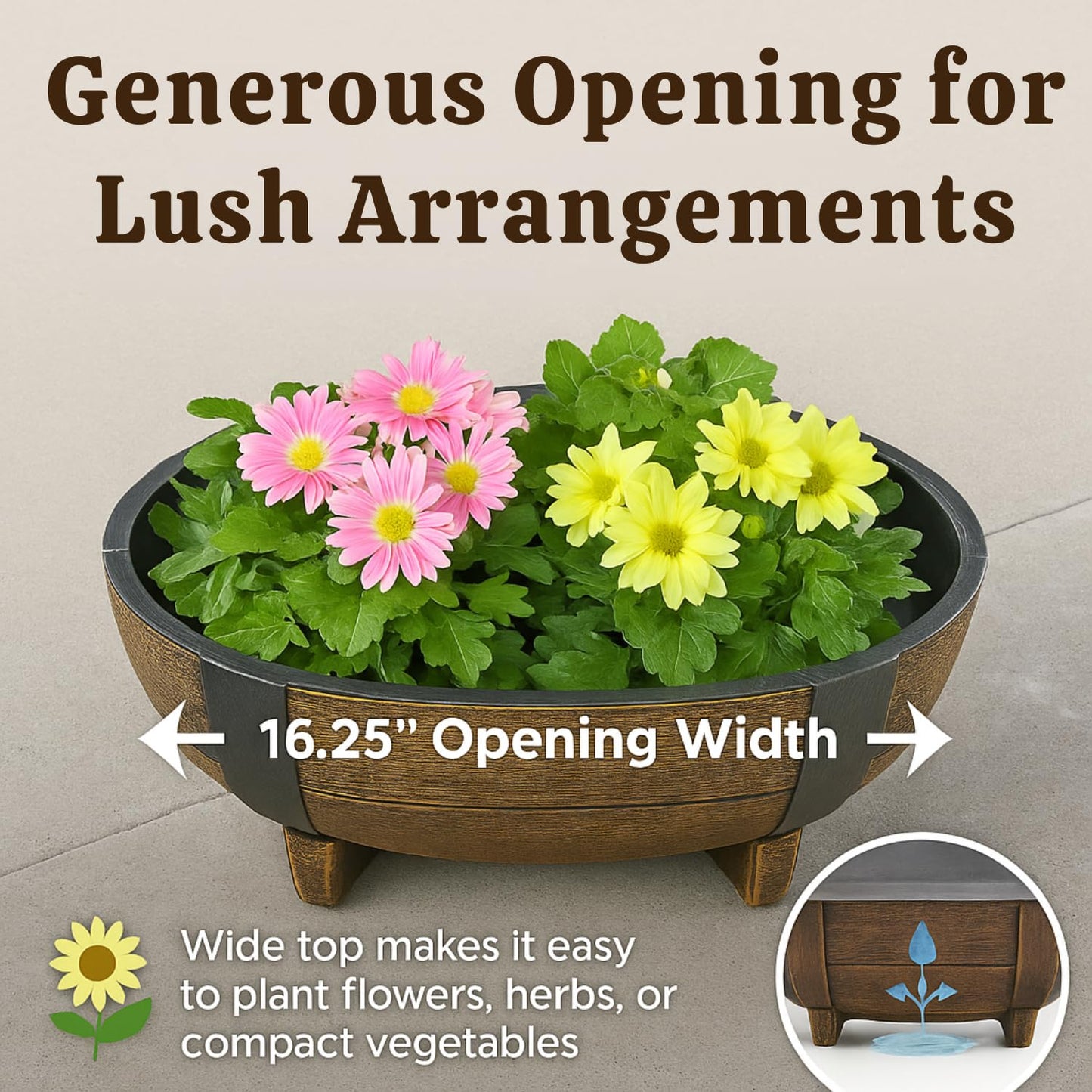 Rustic Half Barrel Planters – Set of 2, Faux Wood Outdoor Flower Pots with Drainage Hole & Feet, Weather-Resistant Polypropylene Garden Containers, 16.25" x 7.5" x 11.75"