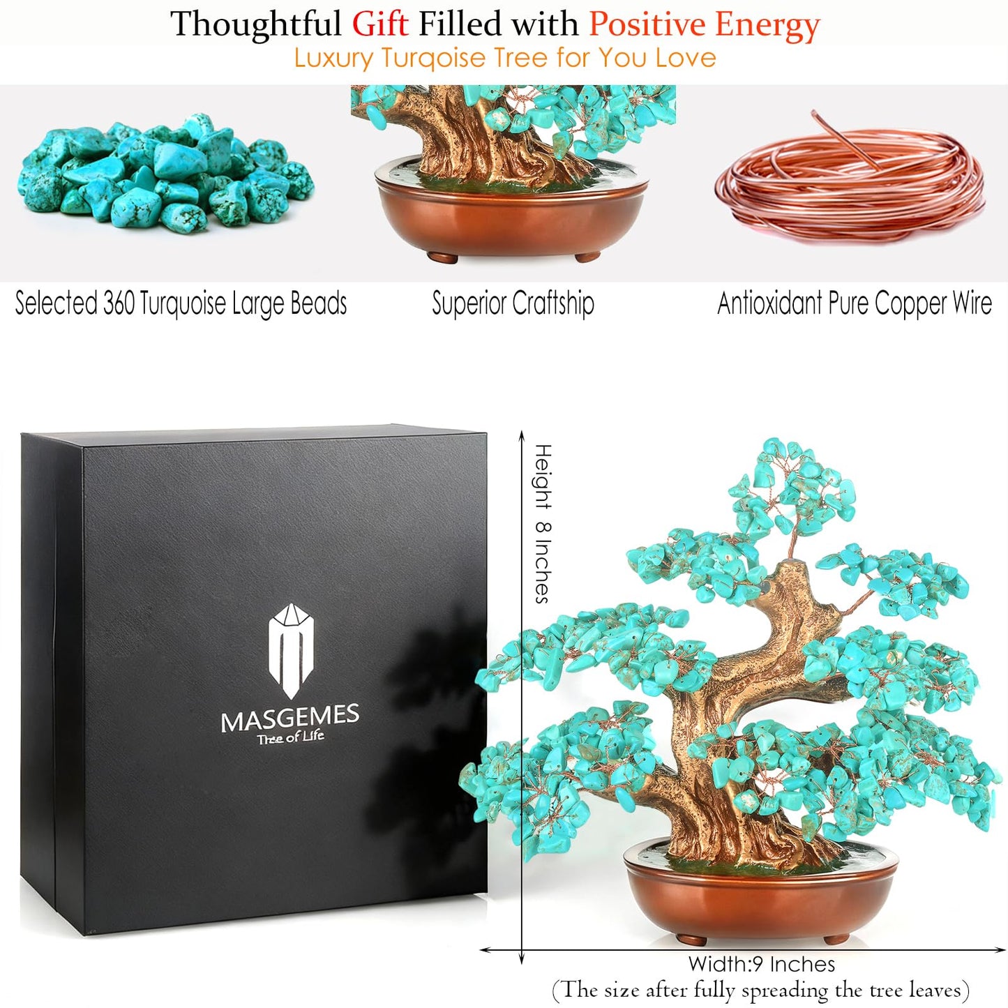 MASGEMES Howlite Turquoise (360 Large Beads) Crystal Tree Bonsai – Throat Chakra Healing Tree of Life, Feng Shui Positive Energy Decor for Home Office & Meditation Spaces 8''