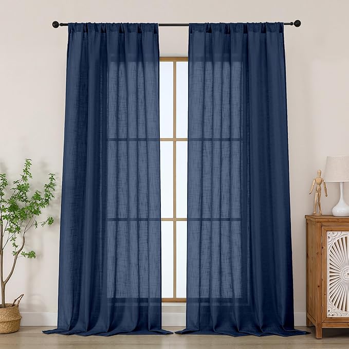 Chyhomenyc Navy Blue Semi Sheer Curtains 96 Inches Long 2 Panels