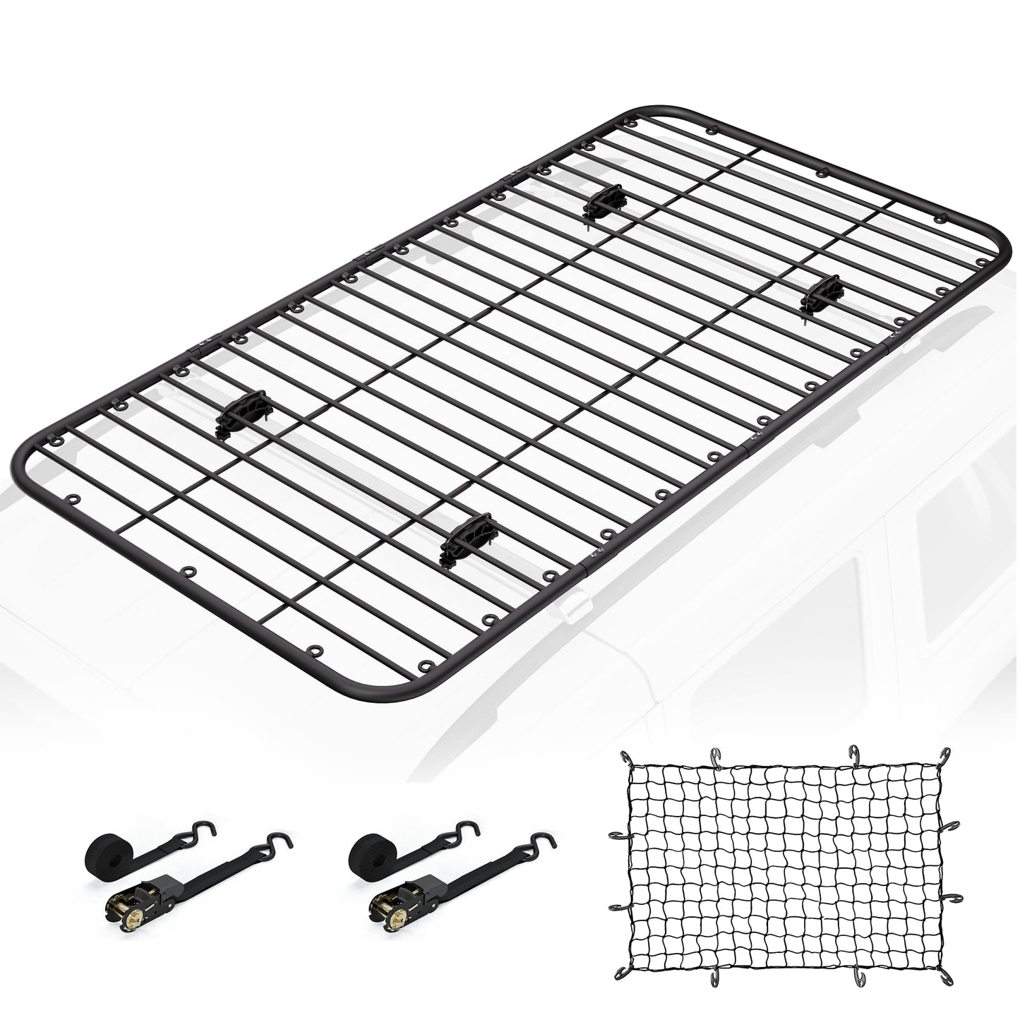 WILDROAD Car Roof Platform, Universal Roof Flat Rack 90" x 47" x 1.3" Heavy Duty Roof Rack Platform with Super Duty Bungee Cargo Net, Ratchet Straps and Anti-Rust Sealant Fits for SUV Truck Cars