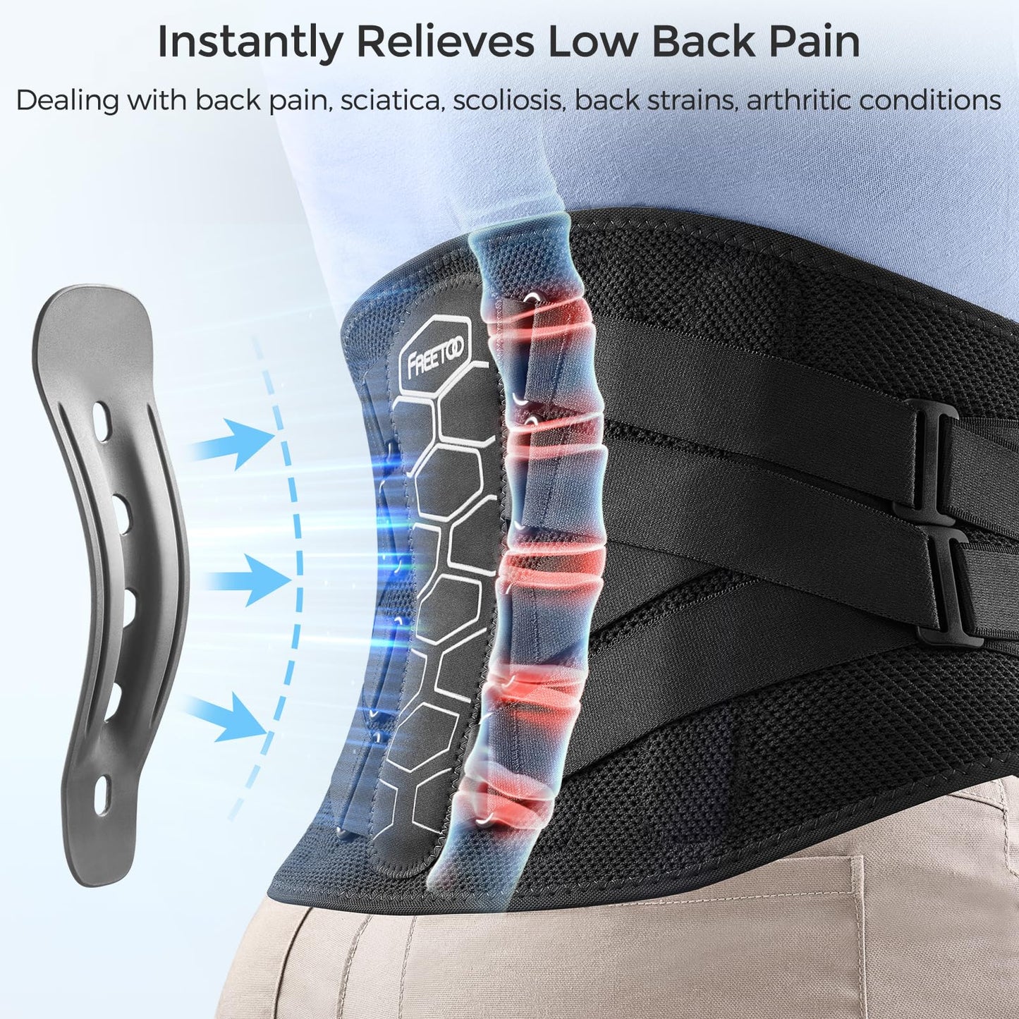 FREETOO Back Brace for Lower Back Pain Relief with Pulley System,Lumbar Support Belt for Men & Women with Lumbar Pad, Ergonomic Design and Soft Breathable 3D Knit Material,for Herniated Disc,Sciatica
