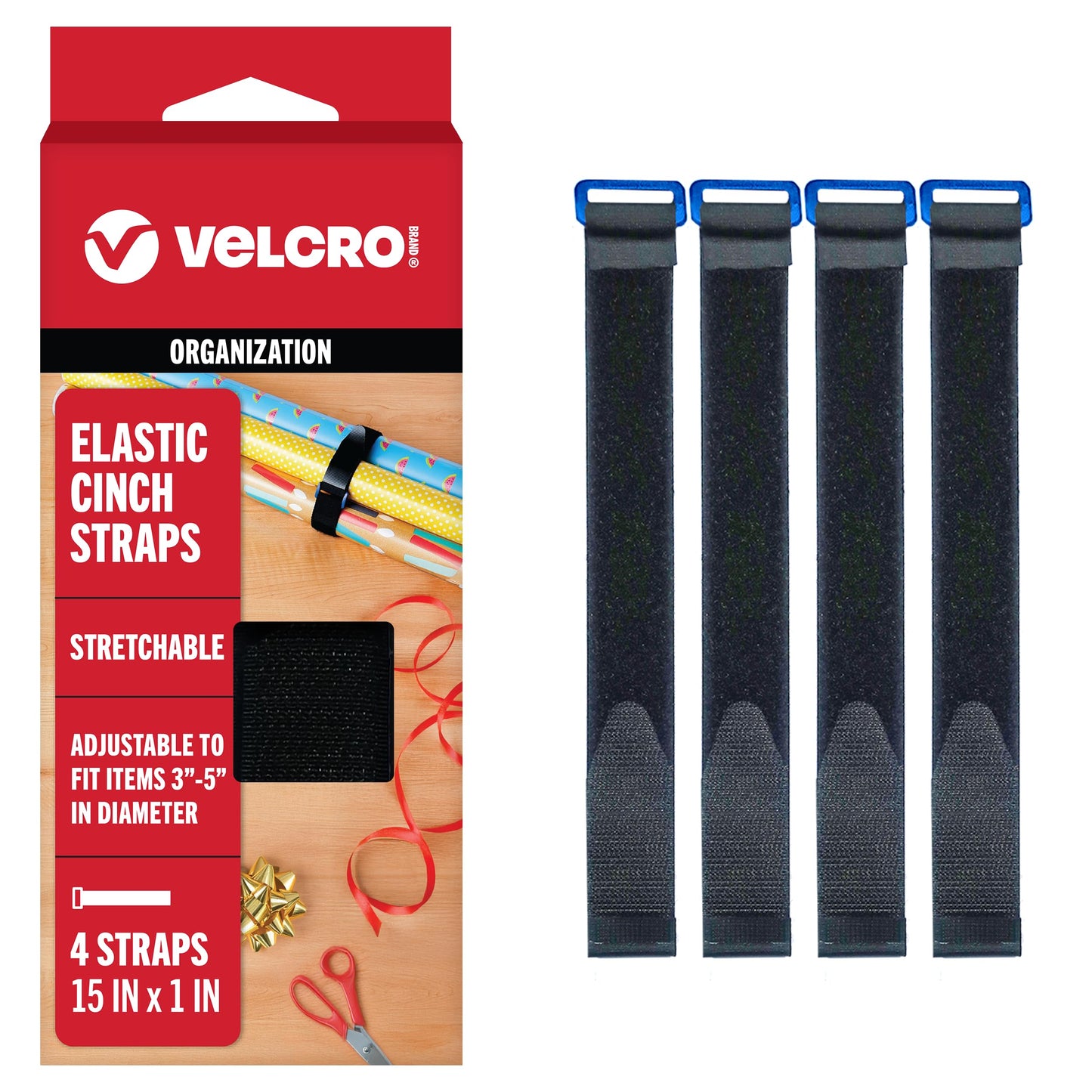 VELCRO Brand VEL-30792-AMS 15 Inch Elastic Straps 4 Pack | Stretchable and Adjustable for Snug Fit | Fasten Lumber, Yoga Mats, Tools, Camping Equipment, More | Cinch with Buckle, Black 15x1