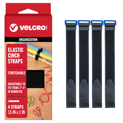 VELCRO Brand VEL-30792-AMS 15 Inch Elastic Straps 4 Pack | Stretchable and Adjustable for Snug Fit | Fasten Lumber, Yoga Mats, Tools, Camping Equipment, More | Cinch with Buckle, Black 15x1