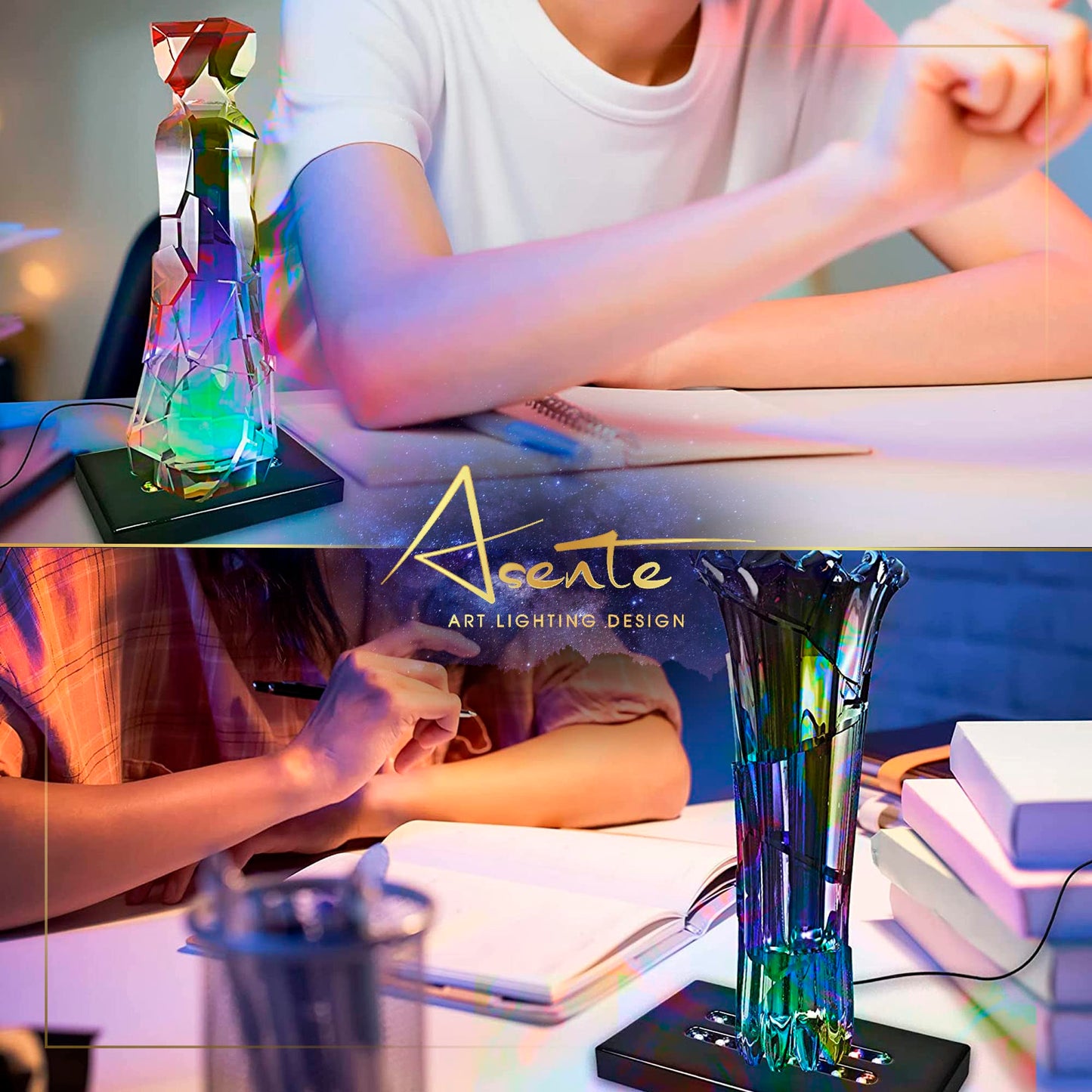 ASENTE 5 LED Light Pedestal - Rectangle Matte Black Light Stand Base for 3D Art Glass, Room Decor and Gemstones and Crystals - AC/USB Adapter Powered (Black)