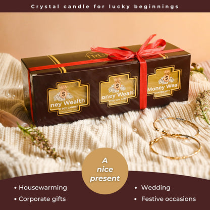 Money Wealth - Crystal Candles for Home Scented - Pack of 3 x 5oz Soy Wax Natural Clean Organic Non Toxic with Essential Oils - for Cash Luck Manifestation - Long Lasting Candel