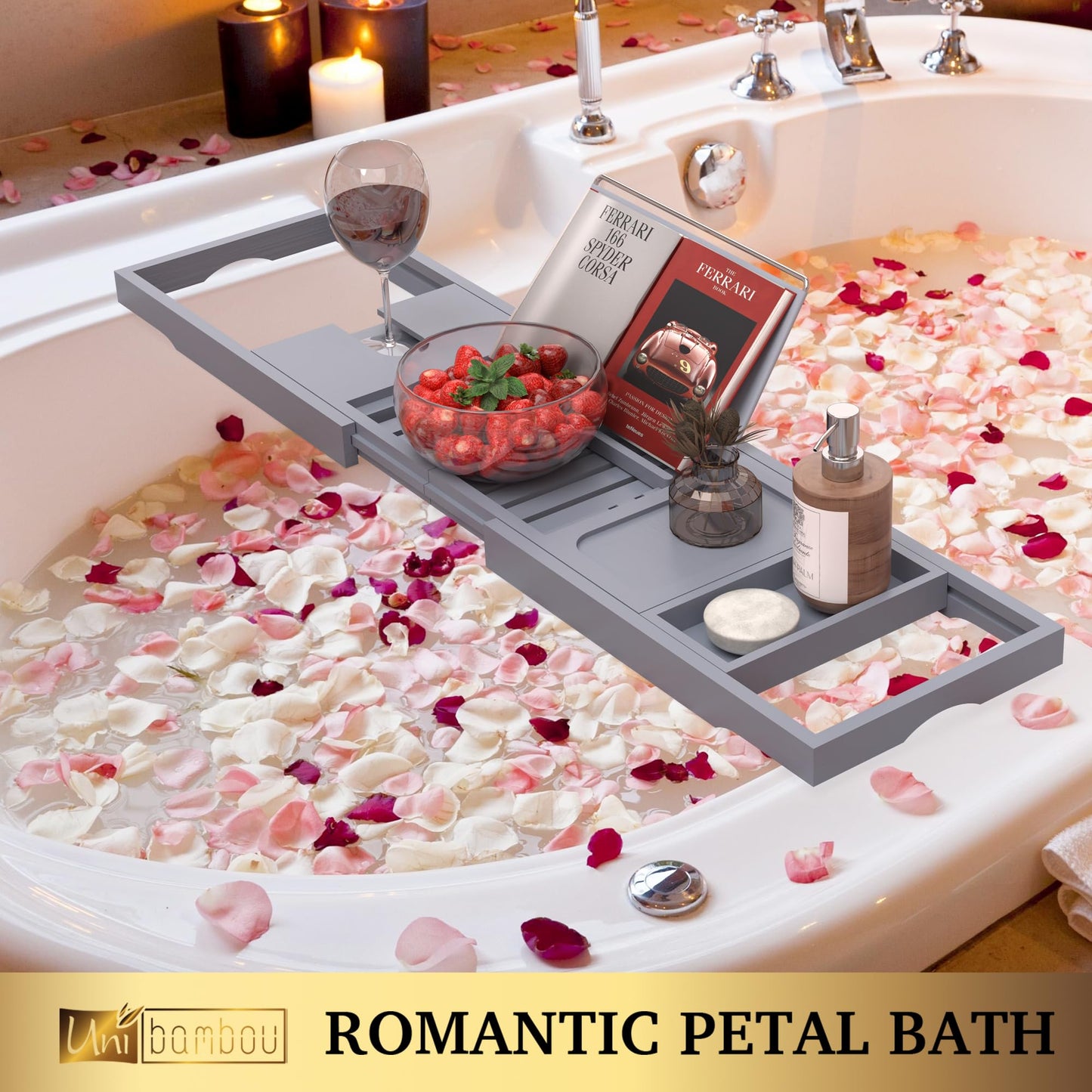Unibambou Foldable Bathtub Tray - Expandable Bamboo Bath Caddy Tray for Tub - Luxury Wood Bath Accessories, Perfect Spa Experience for New Home - Unique House Warming Gifts for Mom, Women, Couples
