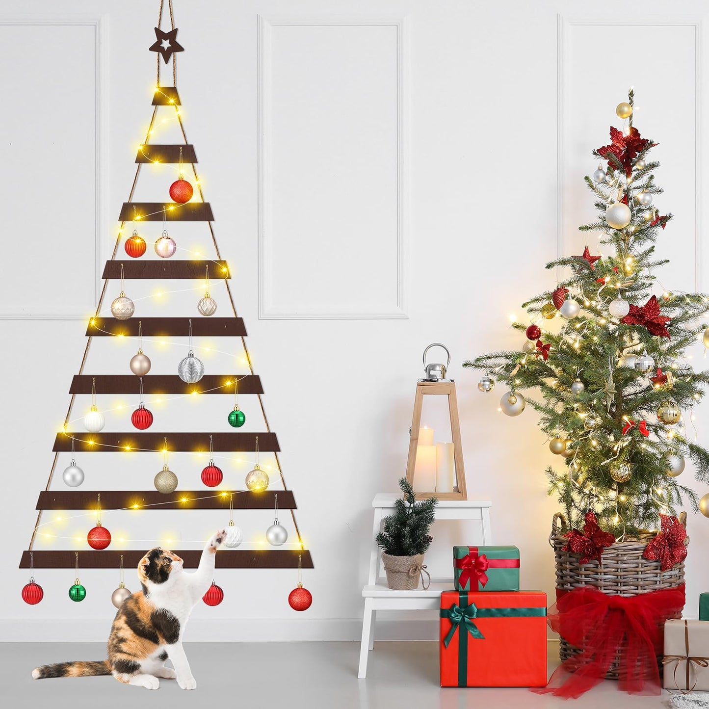 Vercraft Cat Proof Wall Christmas Tree with Light Hanging Mounted Wood Christmas Trees Wall Hanging Xmas Decor with Hooks Wooden Flat for Xmas Holiday Decoration Cat Home Indoor Office Party Supply