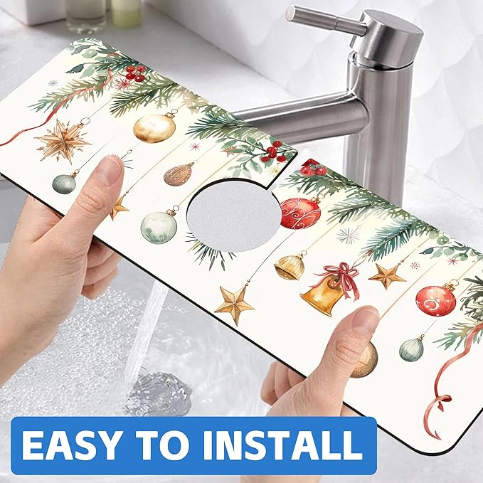 Christmas Star Balls Bells Kitchen Sink Splash Guard Mat Absorbent Fast Drying