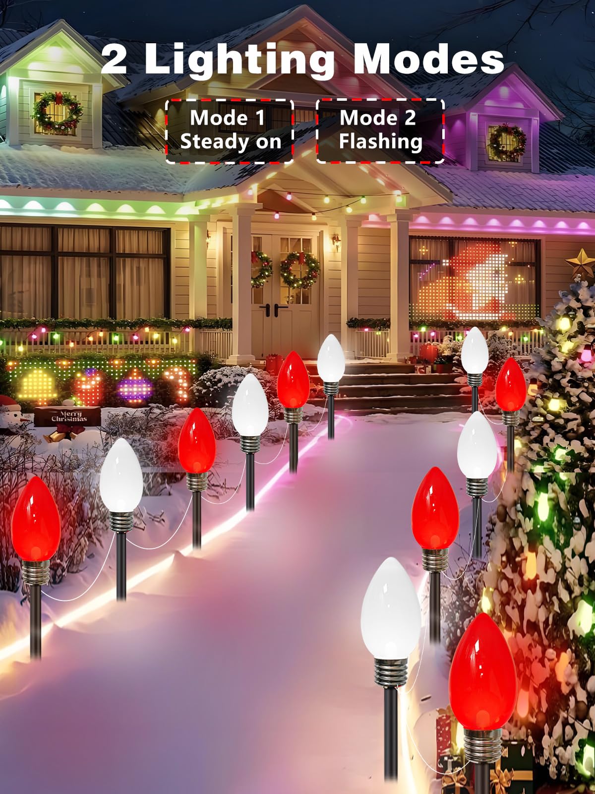 6 Pack Large C9 Christmas Decorations Outdoor, Waterproof C9 Christmas Lights Plug in with 2 Modes and Timer, Pathway Lights for Party Indoor Yard Patio Walkway Garden Xmas Decoration (Red and White)