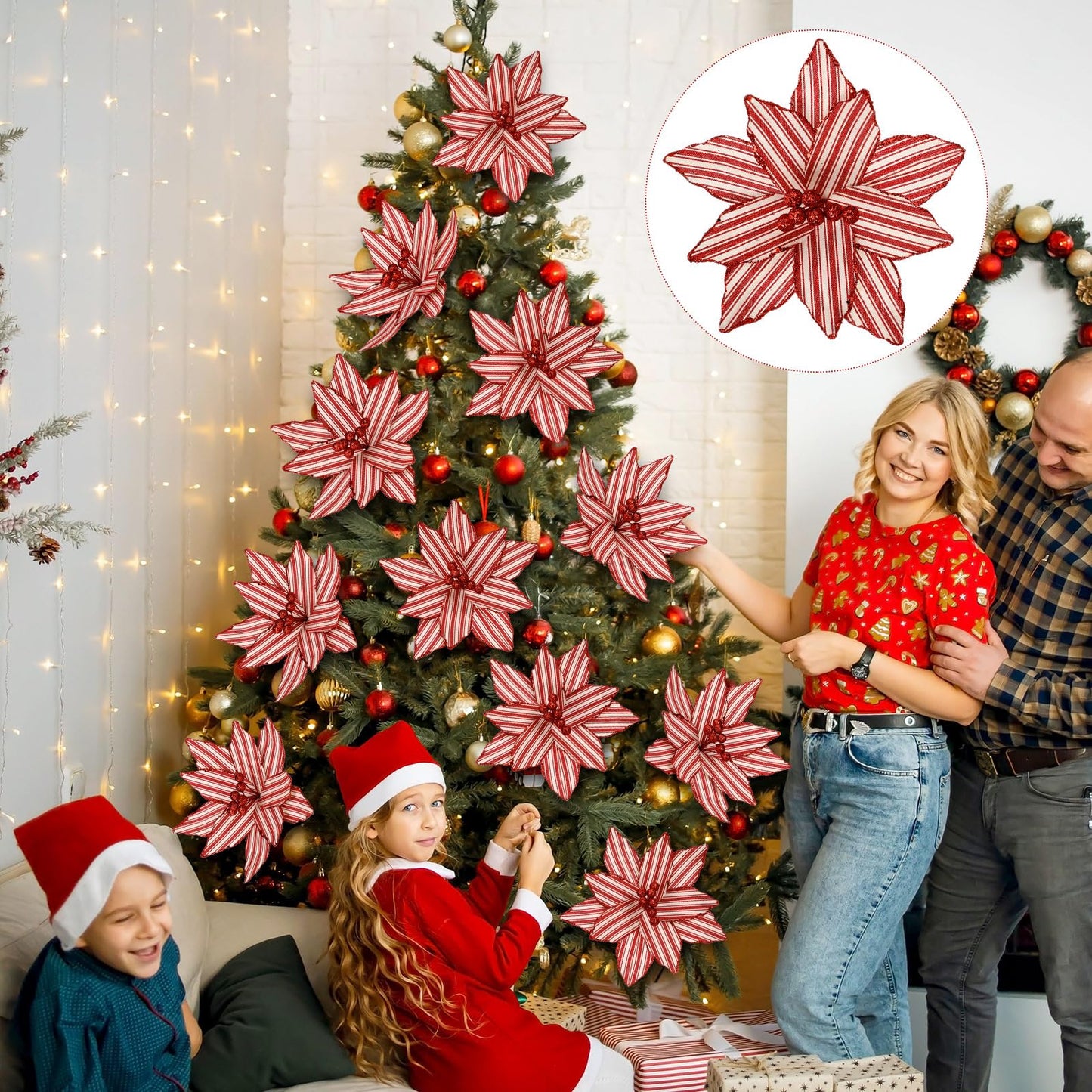 Soulchen 12 Pcs 12'' Red and White Christmas Poinsettia Candy Cane Poinsettia Christmas Tree Ornaments Peppermint Flower Tree with Stems Topper for DIY Xmas Wreath Garland Holiday Party Decor