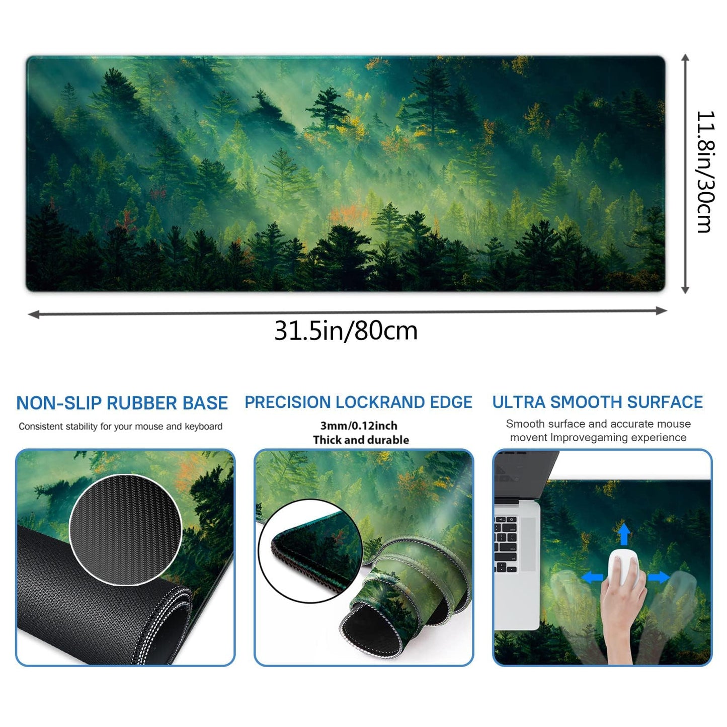 Galdas Mouse Pad,Office Desk Mat Large Gaming Keyboard Pad Durable Stitched Edges Washable Smooth Surface Control & Accuracy Extended Computer Mouse Mat (31.5X11.8In)-Green Forest…