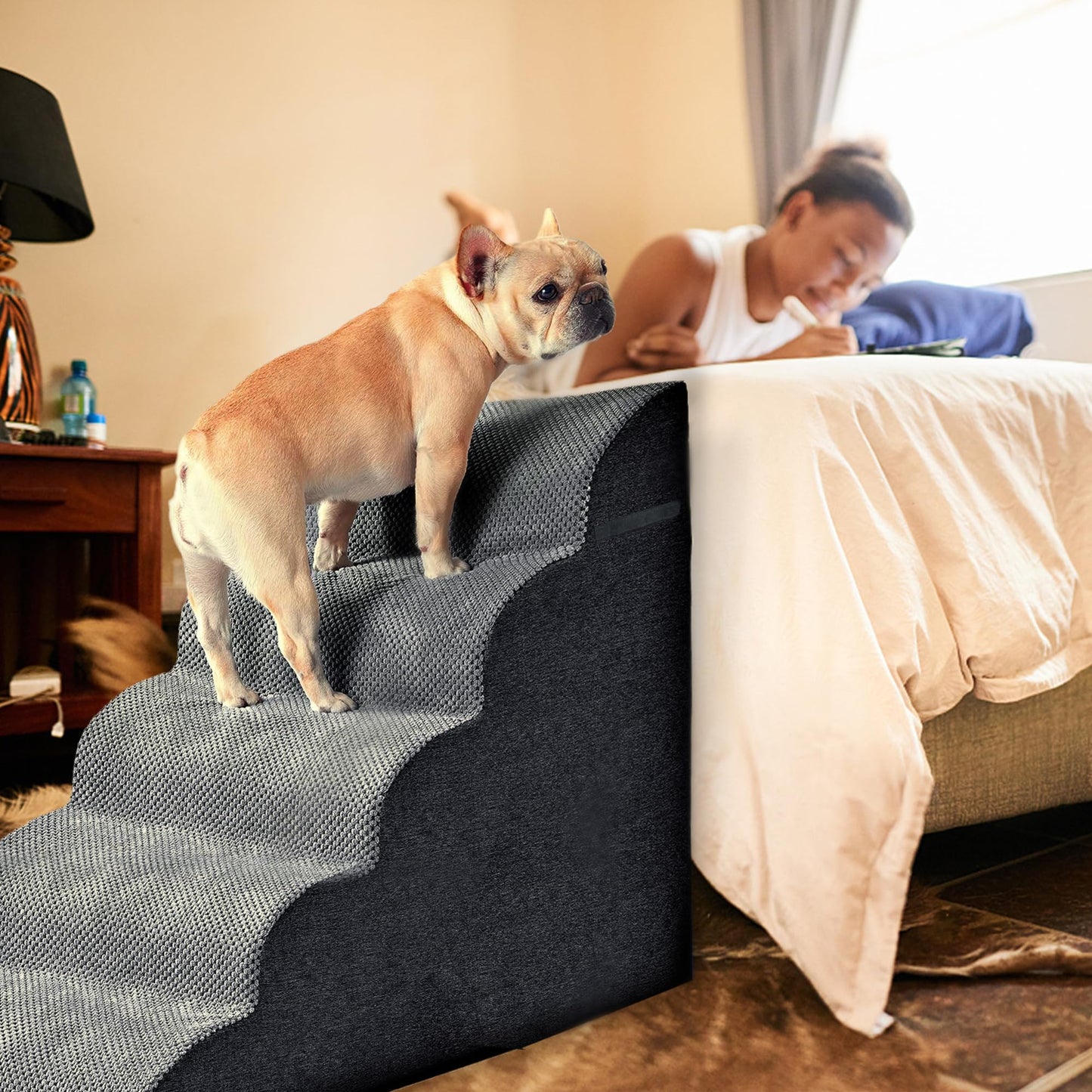 Wide Dog Steps Stairs for Bed 5 Steps 62 cm High for Dogs, Dog Ramp High Density Foam Pet Stairs Washable Cover and Non-Slip Base 40 x 87 x 62 cm