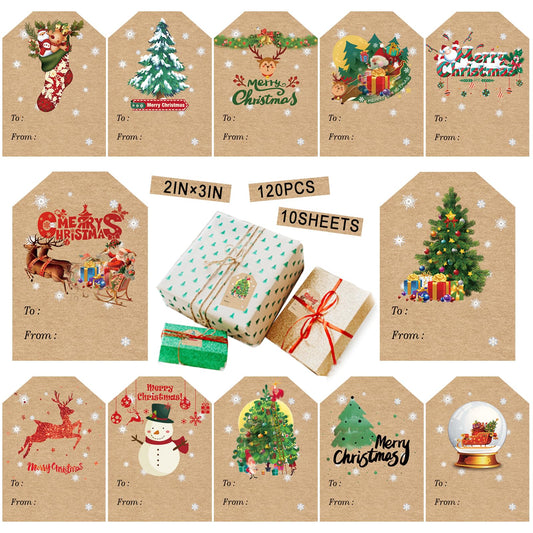 120 Pcs Tags, Self Adhesive Gift Tag Stickers, Holiday Labels for Presents, Santa, Snowman, Tree, Reindeer, 2 x 3 Inch, Kraft Paper Stickers